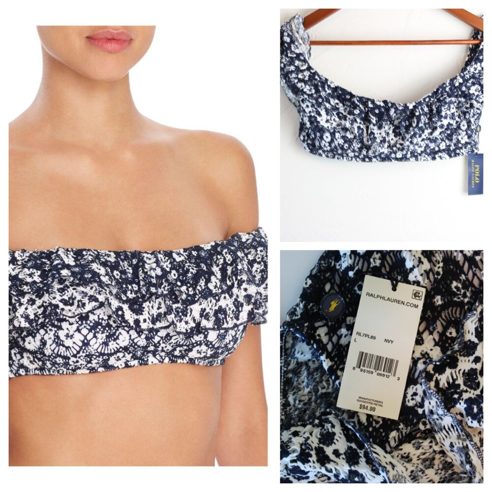 Polo Ralph Lauren Bandeau Off Shoulder Swim Bikini Top Floral Blue Large NWT